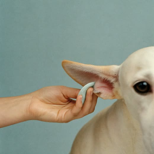 A dog's ear being gently cleaned